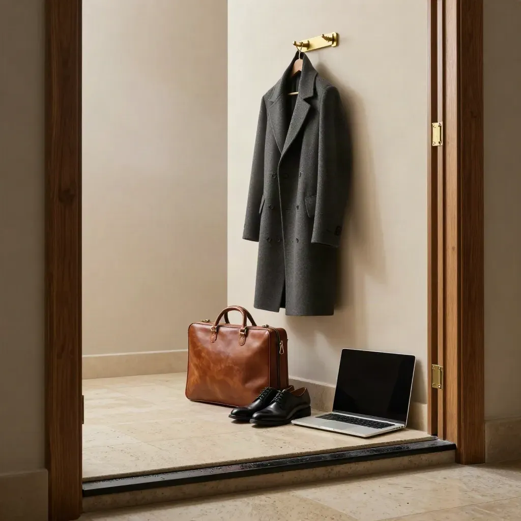 Ingresso elegante con cappotto, valigetta, scarpe lucidate e laptop chiuso pronti per il lavoro.