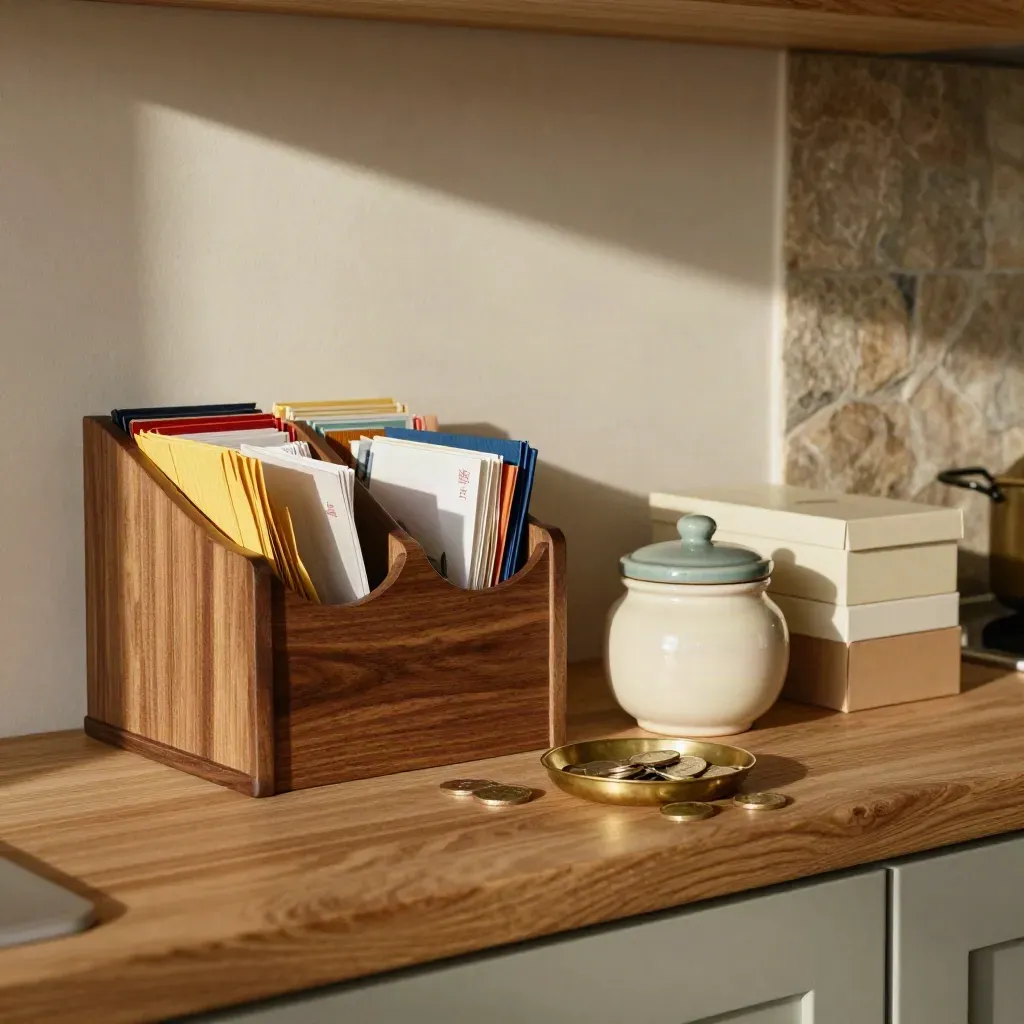 Mensola cucina ordinata con buste colorate, salvadanaio in ceramica e contenitori dispensa in luce calda.