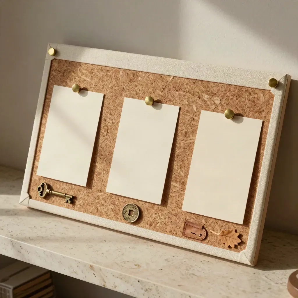 Board annuale con cartoncini, spilli ottone e oggetti simbolici in luce naturale.