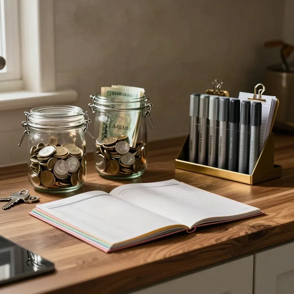 Barattoli di risparmio, buste colorate e pinze da cucina su un piano di noce, luce radente.